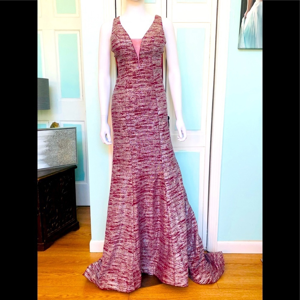 Size 4 Cranberry Glitter Fitted Clarisse 3713 Prom Pageant Deep V Neck NWT